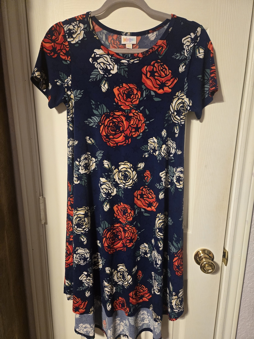 LulaRoe Navy Floral Swing Dress with Red & Cream Roses